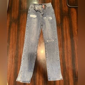 PrettyLittleThing Blue Straight Leg Jeans with Distressed Details